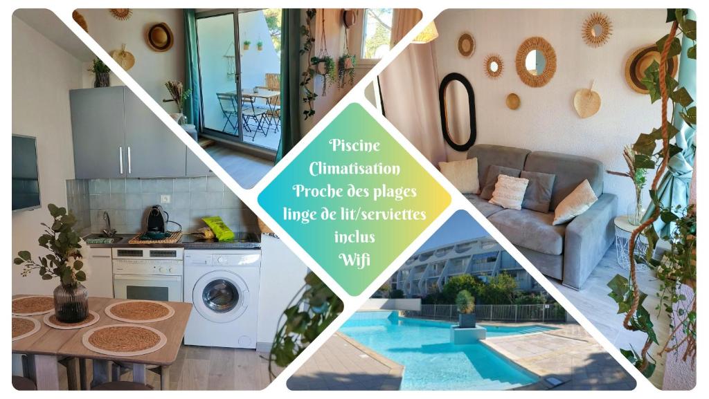 eine Küche und ein Wohnzimmer in der Unterkunft L Or des sables, la Petite Motte, residence avec piscine in La Grande-Motte