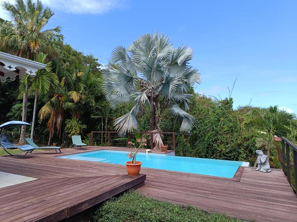 a swimming pool on a wooden deck with a palm tree at Villa Akaz in Le Robert