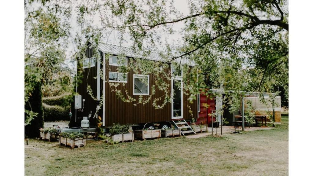 Ein winziges Haus sitzt in einem Hof in der Unterkunft The Perch in Korweinguboora