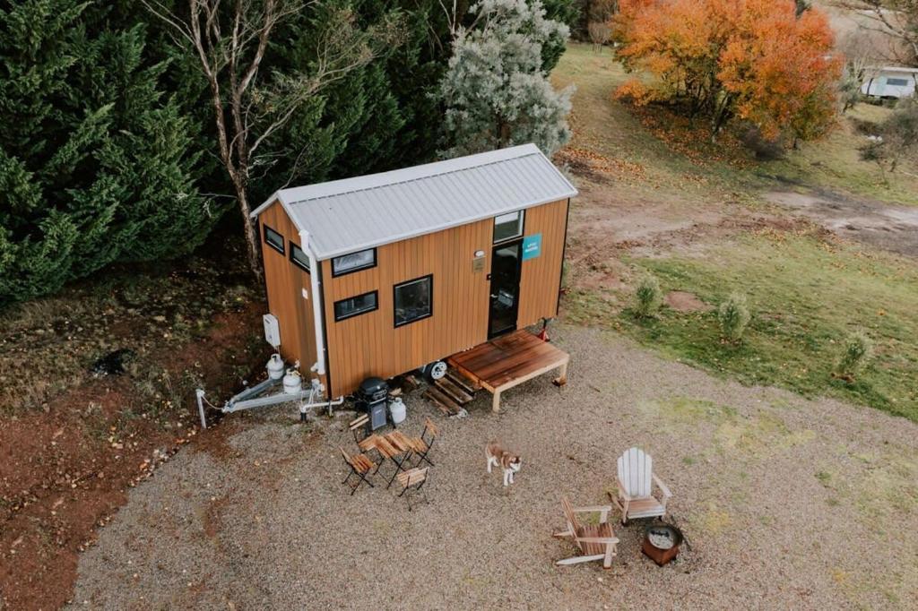 an overhead view of a tiny house with a dog and chairs at Little Baxter in Collector