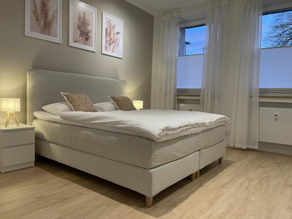 um quarto com uma cama e duas janelas em Stadtjuwel: Zentral & Modern em Lichtenfels