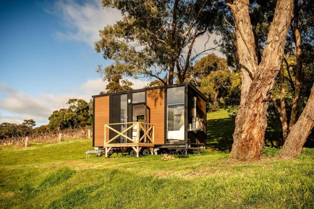 een klein huisje in een veld met een boom bij Montara Views 1 in Ararat