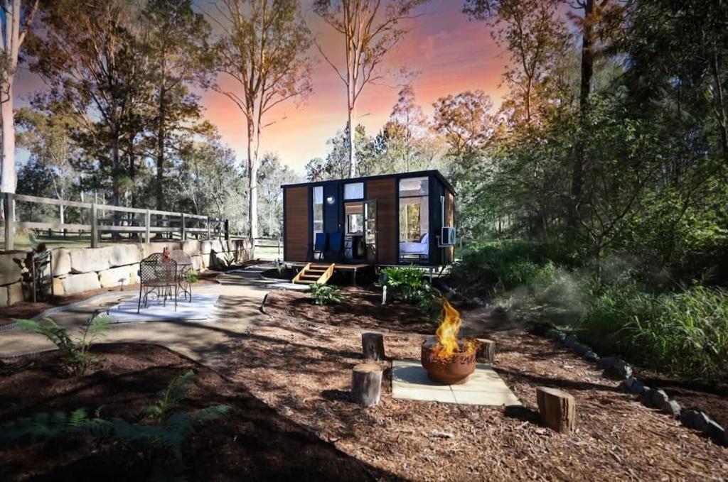 a glass house in a forest with a fire pit at Silveroak Lodge Tiny House 