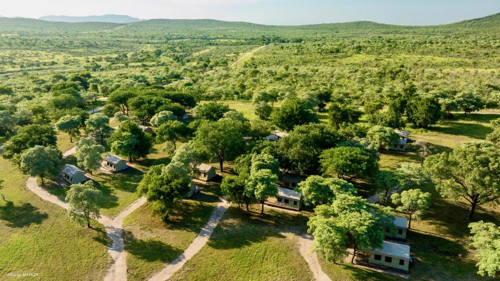 z góry widok na farmę z drzewami i domami w obiekcie Unyati Safari Lodge w mieście Hectorspruit