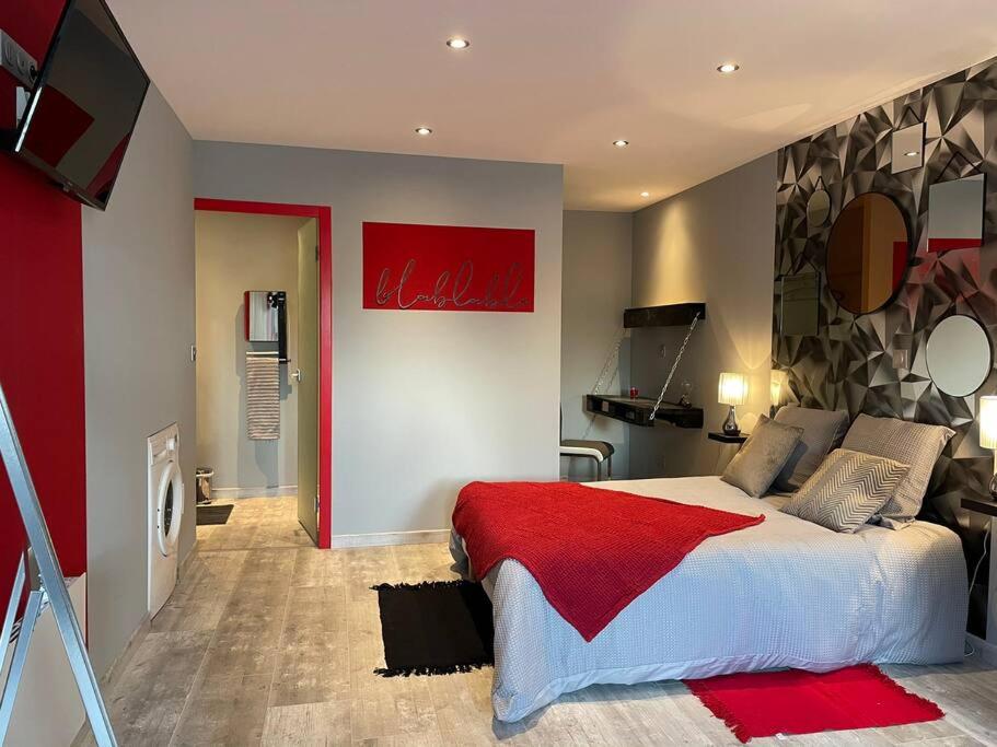 a bedroom with a large bed with a red blanket at Le studio urbain qu’il vous faut ! in Saint-Dizier