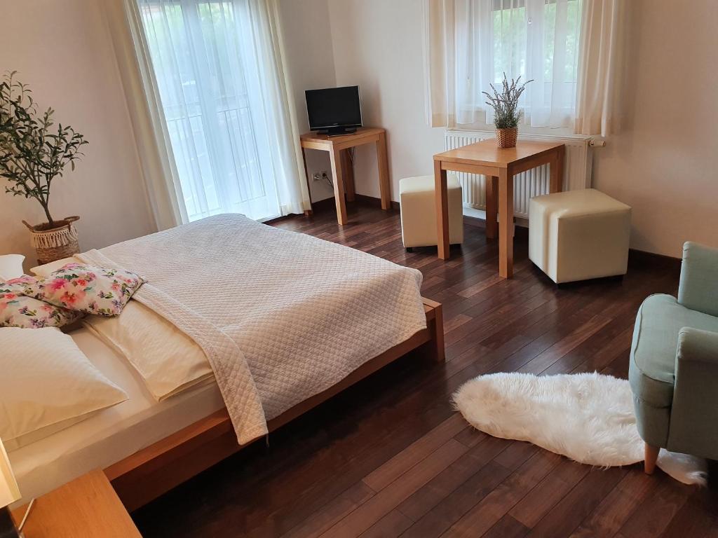 a bedroom with a bed and two tables and a television at Il centro in Petronell