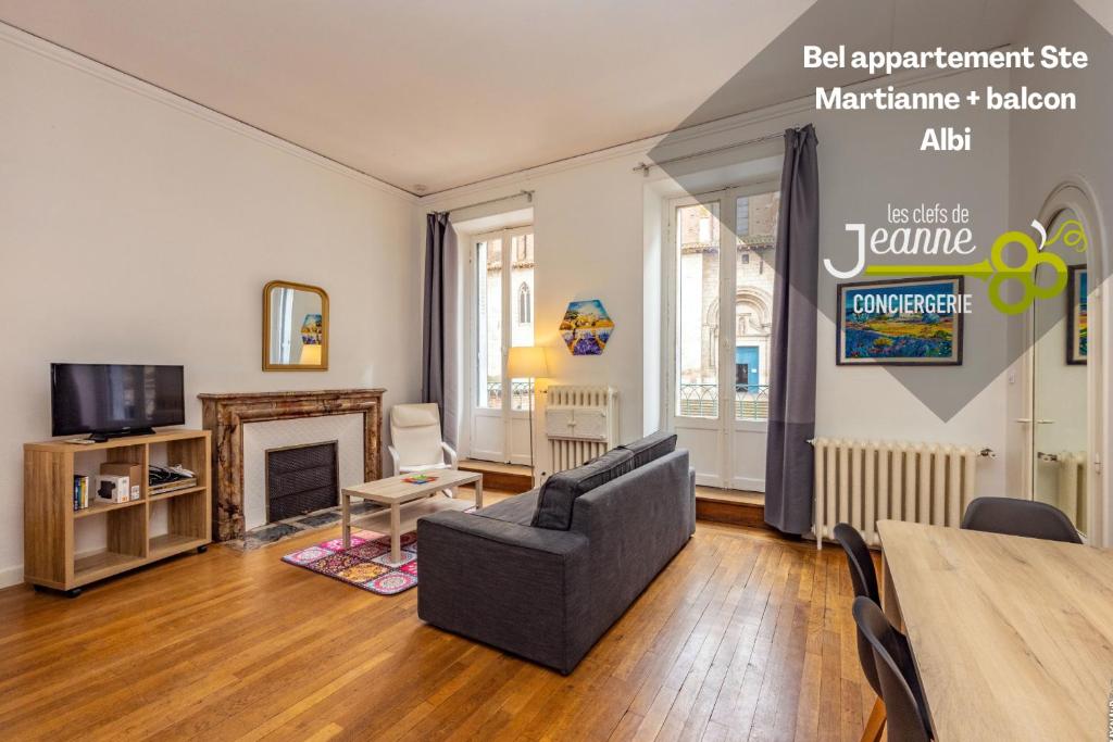 un salon avec un canapé et une cheminée dans l'établissement Appartement Secteur Cathédrale - Hypercentre - Albi, à Albi