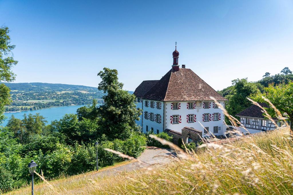 a building on the side of a hill with a lake at Schloss Freudenfels in Eschenz