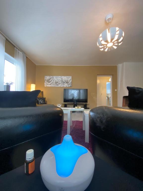 a living room with two couches and a tv at Lägenheter Ljungaverk Apartments Ljungaverk in Ånge