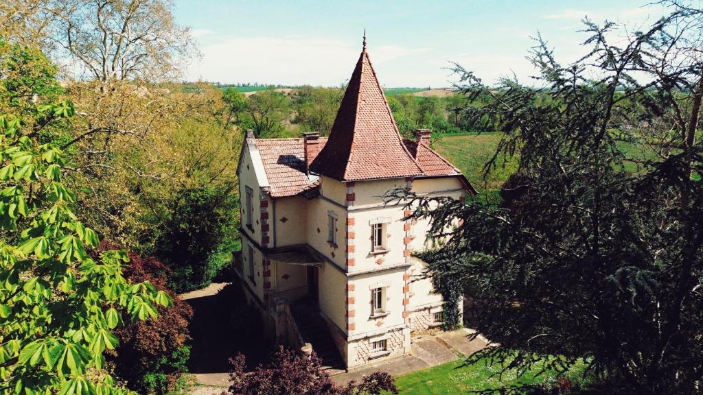 Petit château Le Piot في Fleurance: مبنى قديم عليه برج