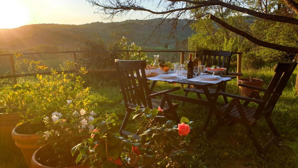 a table and two chairs in a yard with flowers at Agriturismo Podere le Tombe in Palaia