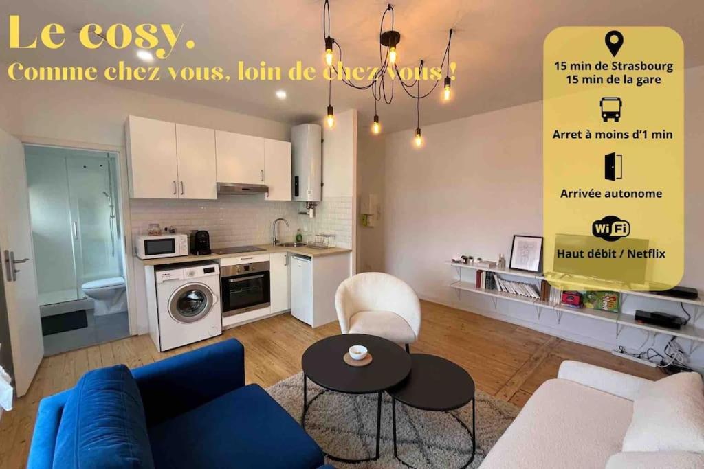 Il comprend un salon avec un canapé bleu et une cuisine. dans l'établissement Le Cosy T2 15 min de Strasbourg, à Bischheim