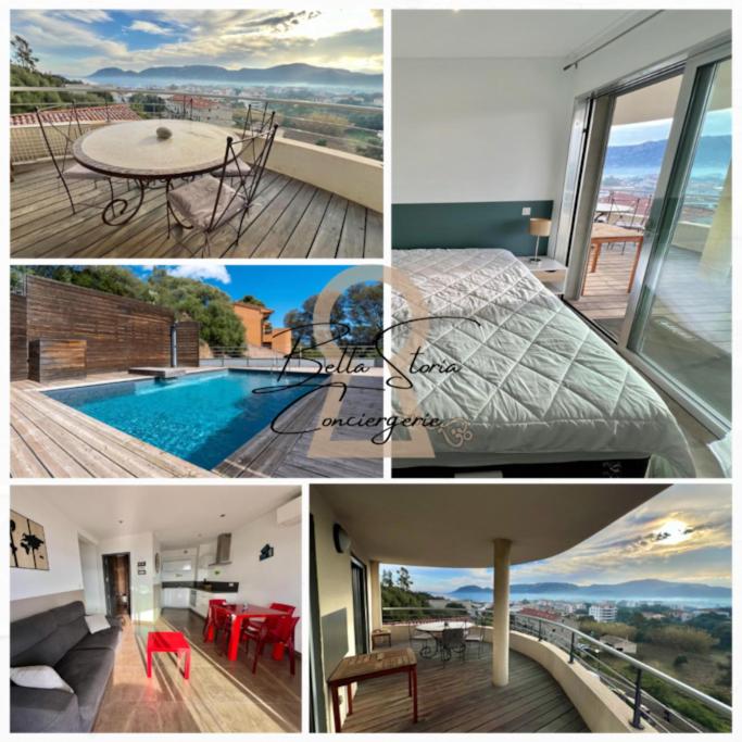 un collage de photos d'une chambre et d'une piscine dans l'établissement Appartement Sole - vue golfe de Porto Vecchio, à Porto-Vecchio
