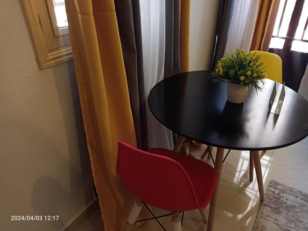 einem schwarzen Tisch mit einer Topfpflanze und zwei Stühlen in der Unterkunft Monalissa One bedroom apartment in Kisumu
