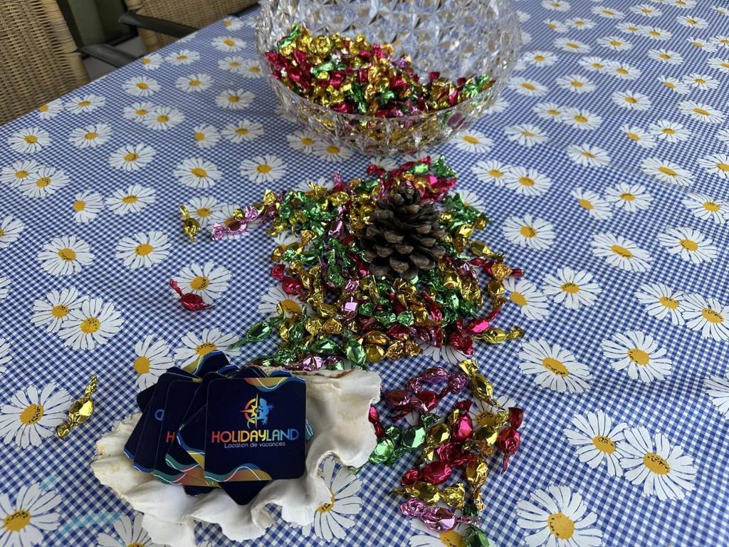 une table surmontée d'un sapin de Noël sur une table dans l'établissement HOLIDAYLAND 251 VILLA T2 MEZZANINE 6 couchages NARBONNE PLAGE, à Narbonne-Plage