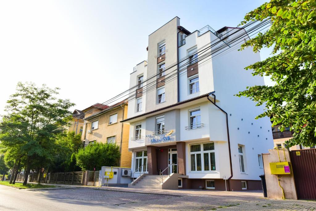 um prédio branco na beira de uma rua em Hotel Silva em Timişoara