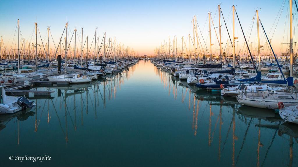 a group of boats docked in a marina at sunset at Nuit insolite dans un petit voilier in La Rochelle