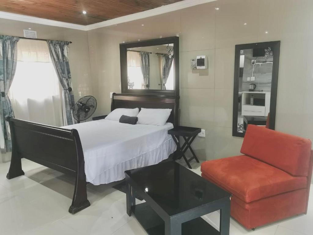 ein Schlafzimmer mit einem Bett, einem Stuhl und einem Spiegel in der Unterkunft P & T Guesthouses in Pietermaritzburg