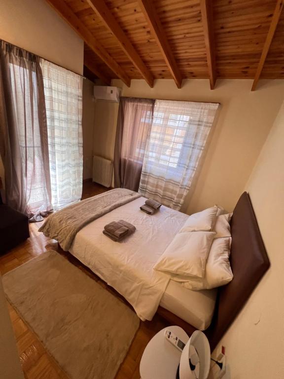 a large bed in a bedroom with two windows at Sunny Athens Apartment in Athens