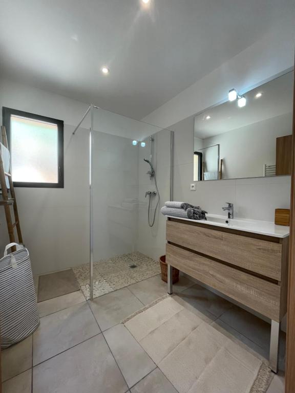 a bathroom with a shower and a sink and a mirror at Côté nature in Chauzon