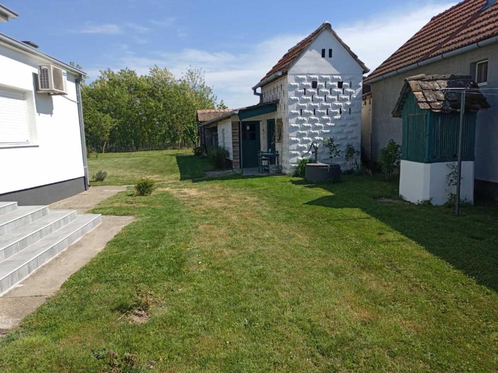 einen Hinterhof eines Hauses mit einem Rasenplatz in der Unterkunft Kuća za odmor BIĐ 