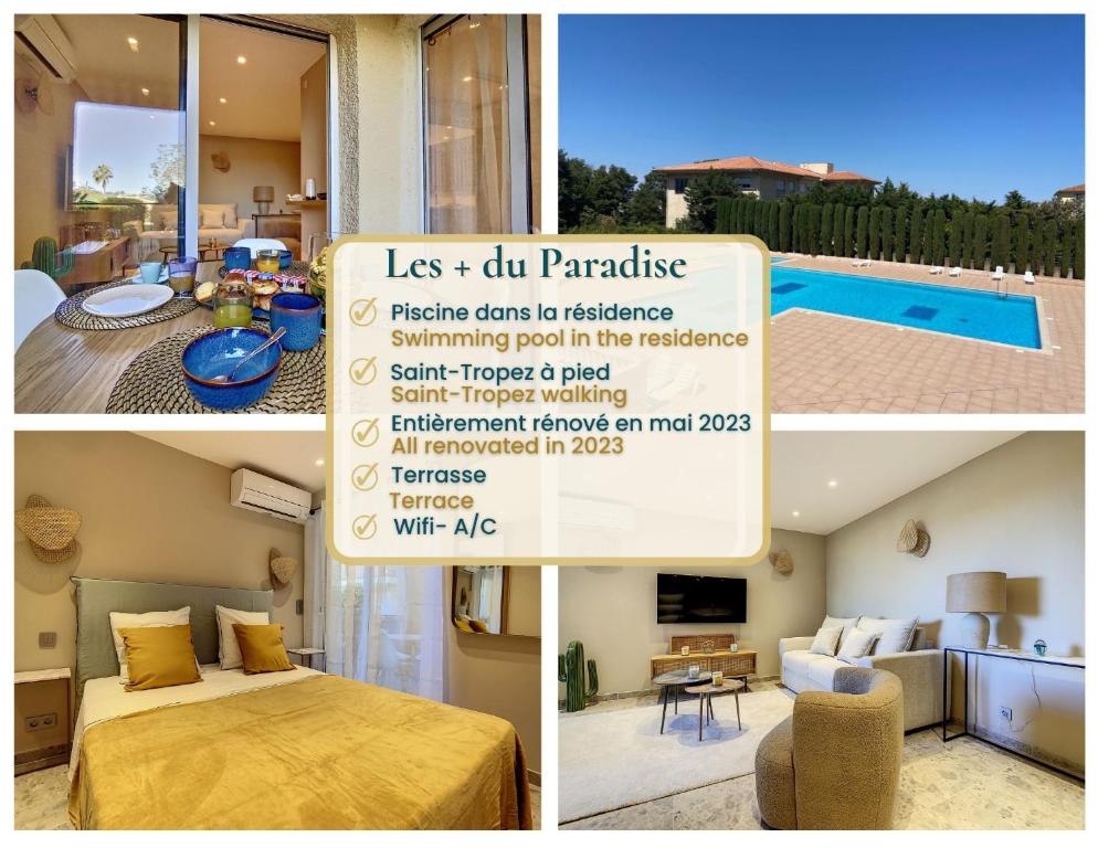 un collage de photos d'une chambre et d'une maison dans l'établissement Paradise- Saint-Tropez- Résidence Piscine, à Saint-Tropez