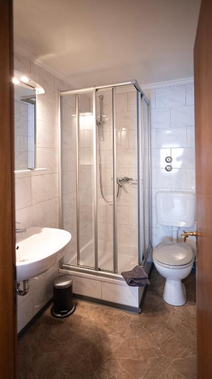 a bathroom with a shower and a toilet and a sink at Hotel Royal in Monschau