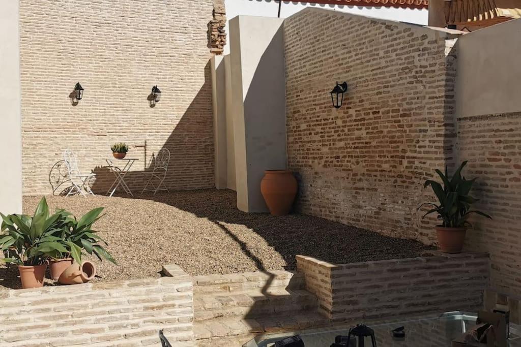 een binnenplaats met potplanten en een bakstenen muur bij Casa de la Abuela Dolores in Villaverde del Río