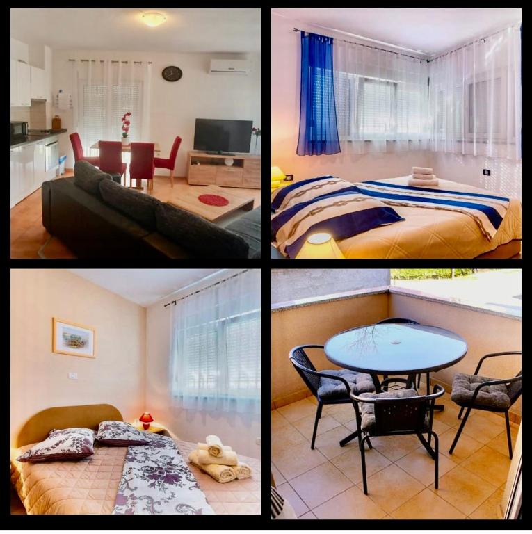 a collage of four pictures of a bedroom and a room at Apartman Nada *** in Medulin