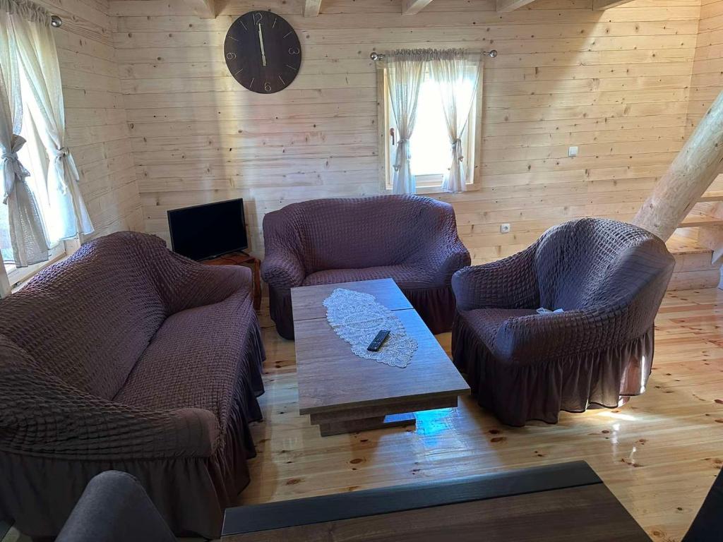 a living room with two chairs and a coffee table at Brvnara Katun in Žabljak