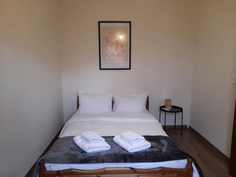 ein Schlafzimmer mit einem Bett mit zwei Handtüchern darauf in der Unterkunft Mountain and Sea view in Milies