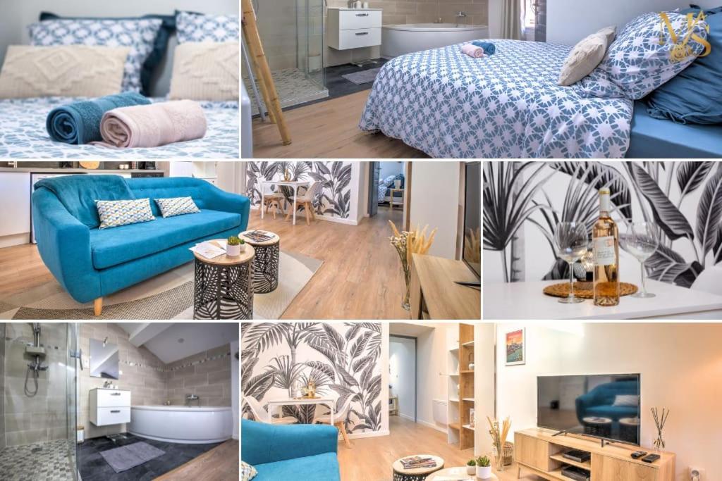 eine Collage mit Bildern eines Schlafzimmers und eines Bettes in der Unterkunft Charm and Elegance T1 in the heart of Ribérac in Ribérac