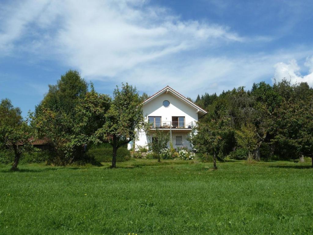 a white house in a field with trees at Ferienwohnung in Schlag mit Großer Terrasse in Kirchdorf im Wald