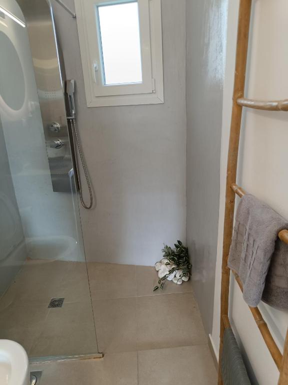 a bathroom with a shower and a toilet and a window at kleris apartment 10 in Tinos