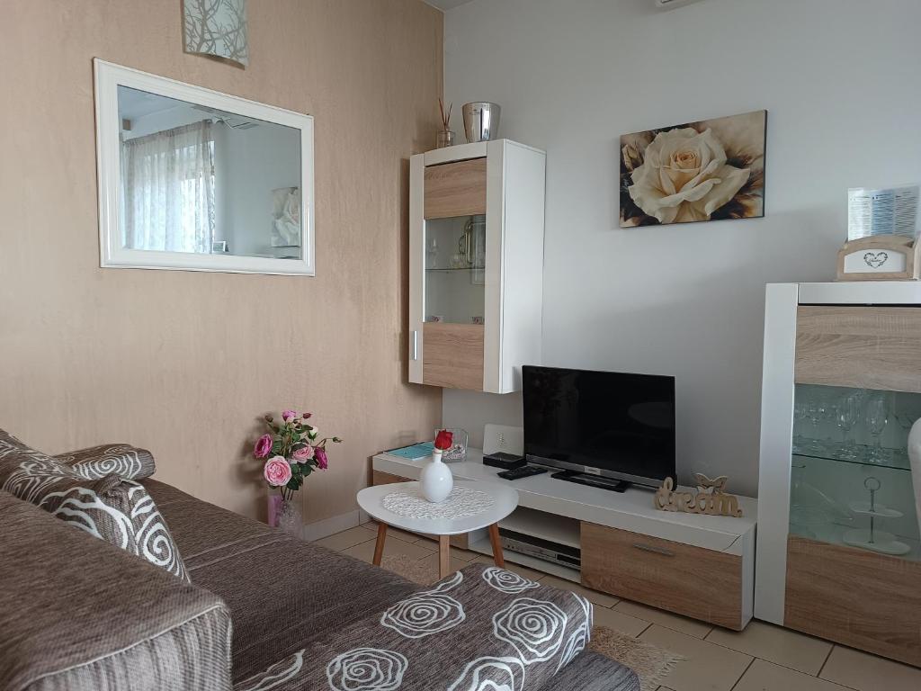 un soggiorno con divano e TV a schermo piatto di Apartment Luka a Fažana