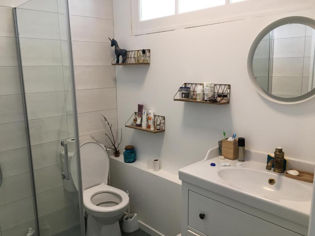 ein Badezimmer mit einem WC, einem Waschbecken und einem Spiegel in der Unterkunft Le Clos du Marronnier in Cully