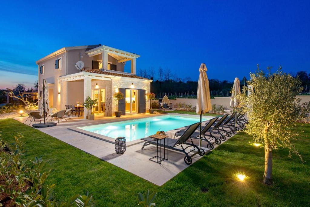 a villa with a swimming pool at night at Villa Lente in Muntrilj