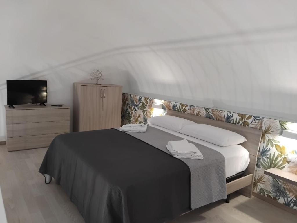 um quarto com uma cama em preto e branco e uma televisão em magica Home Cannizzaro em Catânia