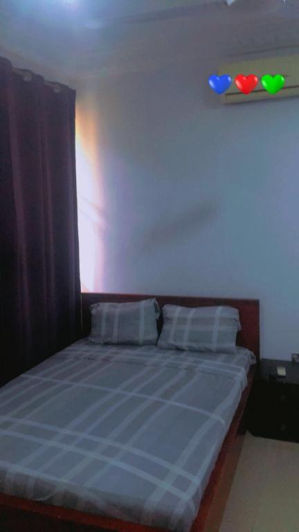 een slaapkamer met een bed met 2 kussens erop bij Mr Gabriel apartment in Accra