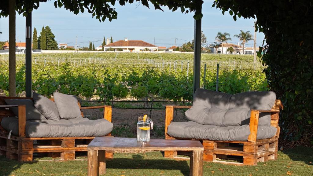 two chairs and a coffee table in front of a field at Casa Trincadeira in Palmela