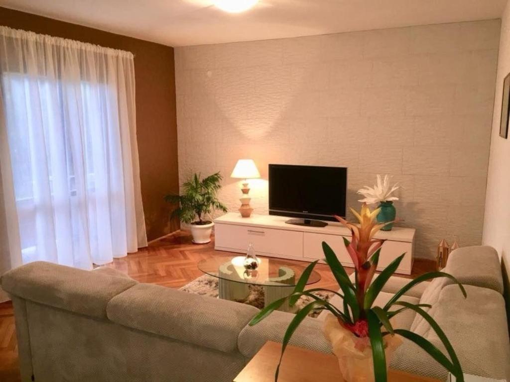 uma sala de estar com um sofá e uma televisão de ecrã plano em Studio für 10 Personen in Lozice auf Vir, Dalmatien Inseln vor Zadar em Lozice