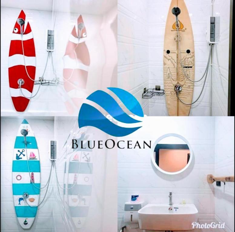 un collage de fotos de un baño con tabla de surf en Blue ocean, en Ko Samed