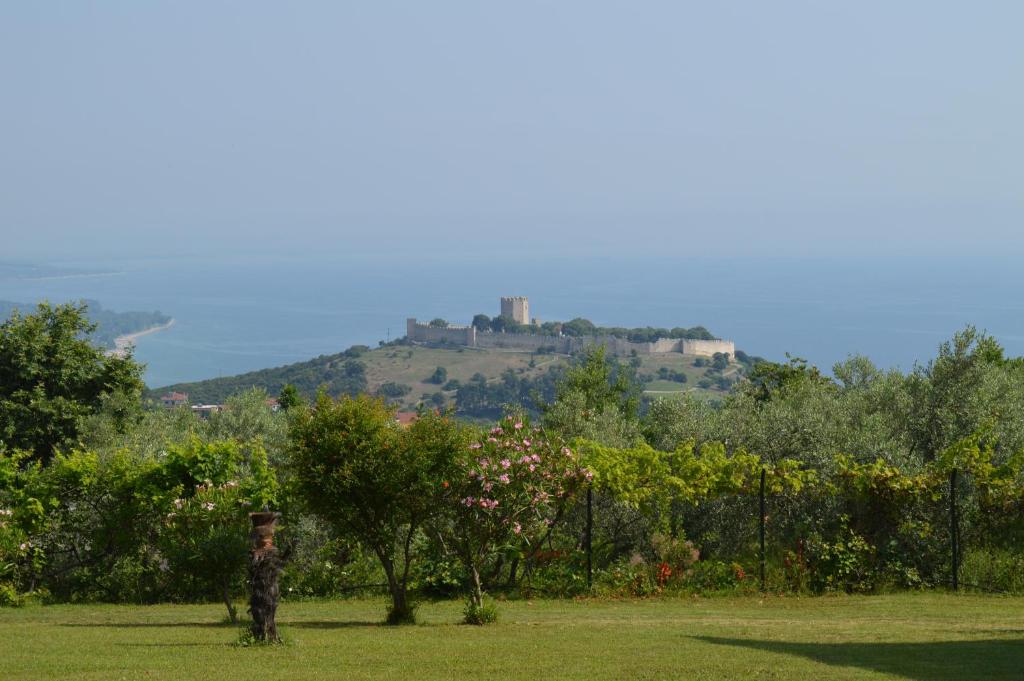 um homem parado num campo com um castelo numa colina em Attic with a view-Σοφίτα με θέα em Platamon