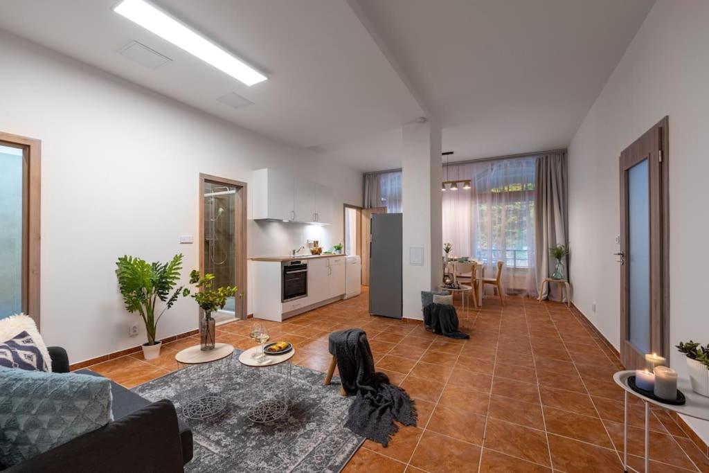 a living room with a couch and a table at New flat, Jachymov (Klinovec resort) in Karlovy Vary