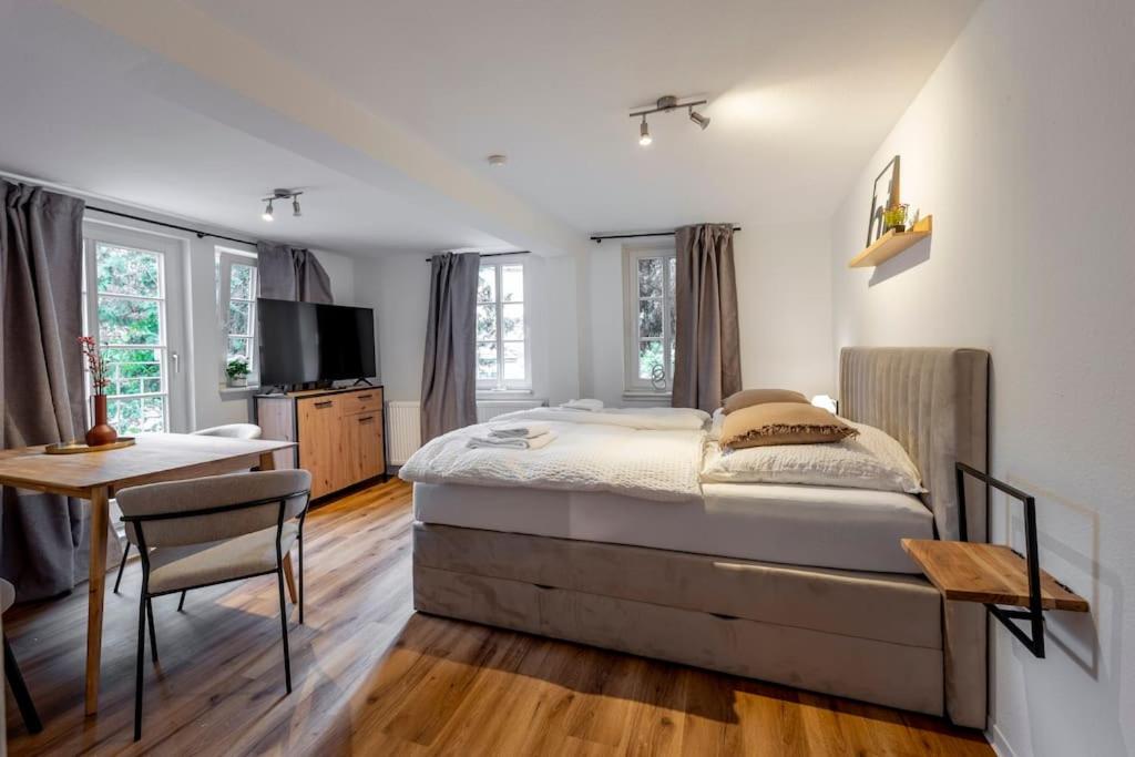 um quarto com uma cama, uma secretária e uma televisão em Himmlische Altstadt-Maisonette em Marburgo