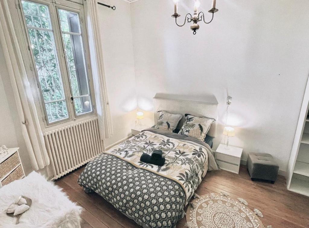 - une chambre dotée d'un lit avec un chat noir dans l'établissement Maison avec jardin, à Carcassonne