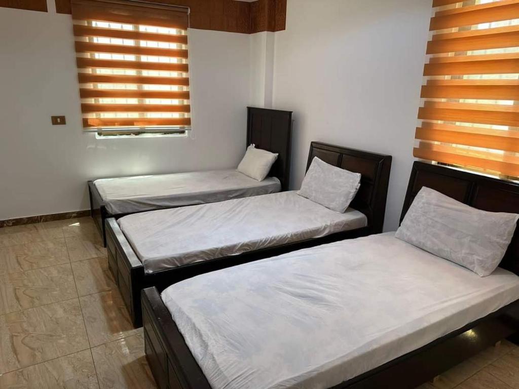 three beds sitting in a room with windows at Green forest farm in Ajloun