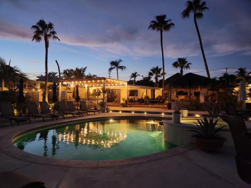 una piscina con sedie e palme di notte di Poseidons Cove Private Home Vacation Rental a San José del Cabo