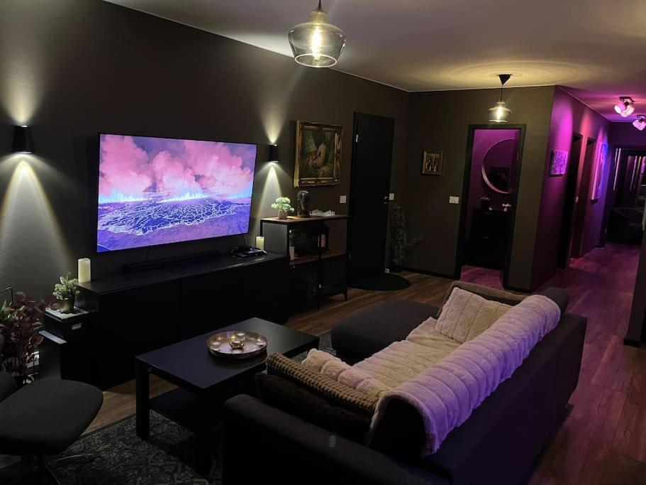 Il comprend un salon doté d'un canapé et d'une télévision à écran plat. dans l'établissement Luxurious apartment in Reykjavík, à Reykjavik