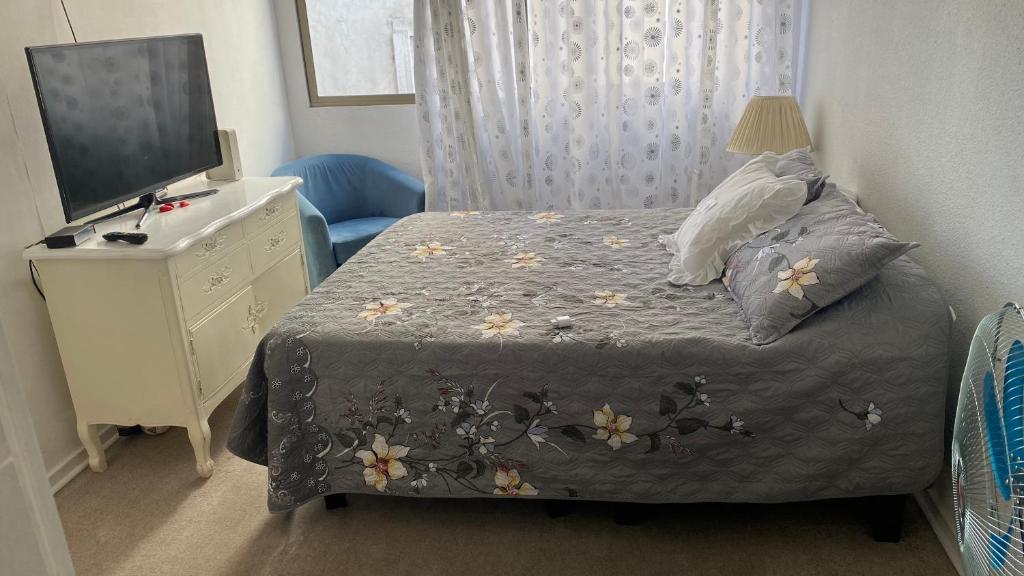 - une chambre avec un lit, une commode et une télévision dans l'établissement Jardines, à Santiago